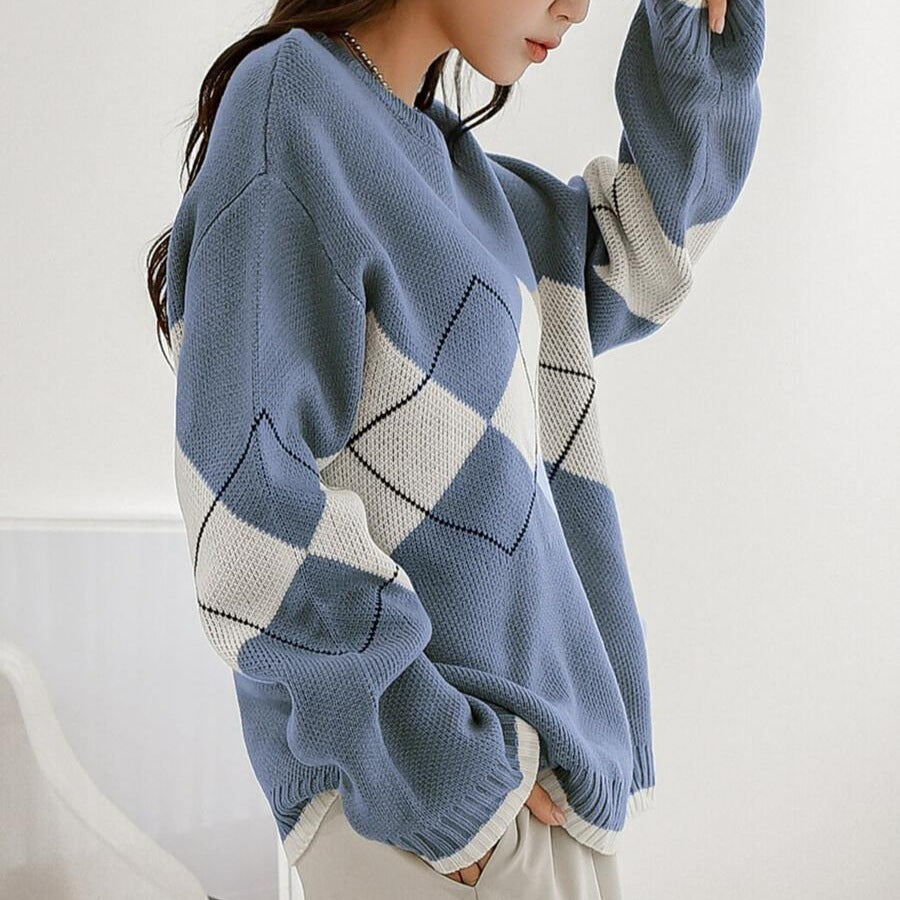 Damen stilvoller Pullover mit modernem Rautenmuster und verspielten Rüschendetails WW