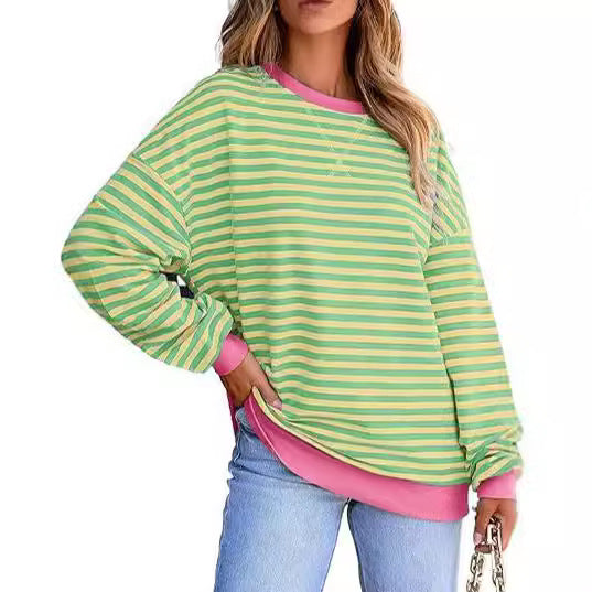 Damen lässiger gestreifter Sweatshirt mit Oversize-Schnitt und bequemen Details WW