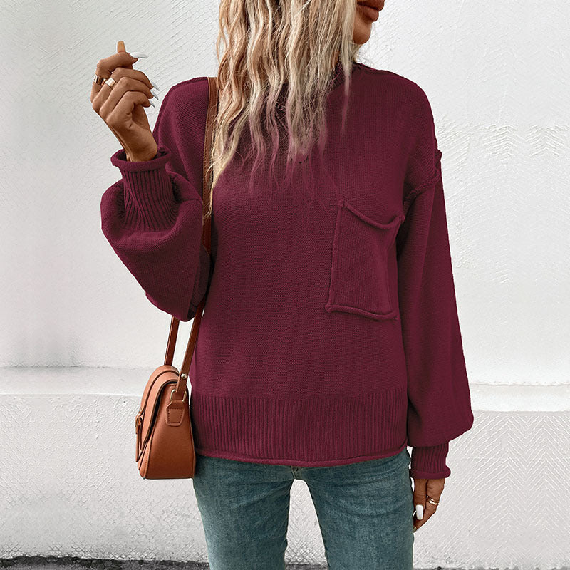 Damen lässiger Pullover mit voluminösen Ärmeln und praktischer Taschendetail WW