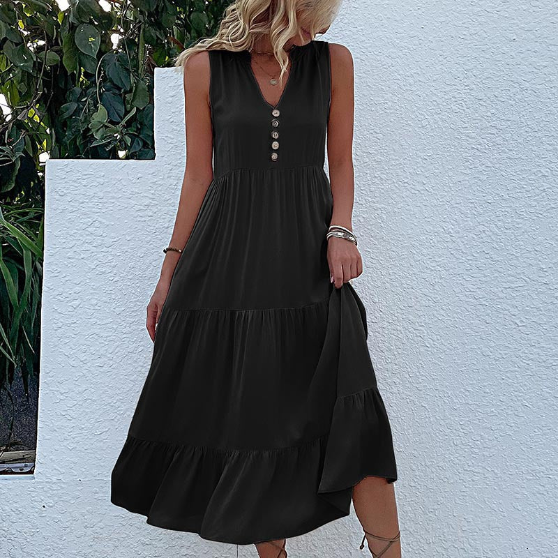 Damen Maxikleid mit Knopfdetail und voluminösem Rock WW