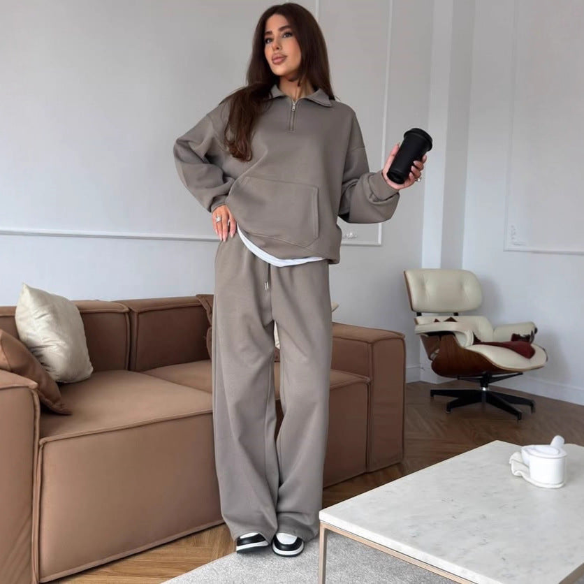Damen lässiges Fleece-Set mit hochgeschlossenem Reißverschluss und weiten Beinen WW