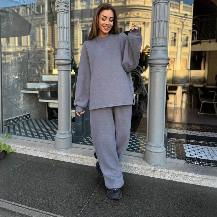 Damen lässiges Fleece-Loungewear-Set mit weichem Oversized-Pullover und bequemen Hosen WW
