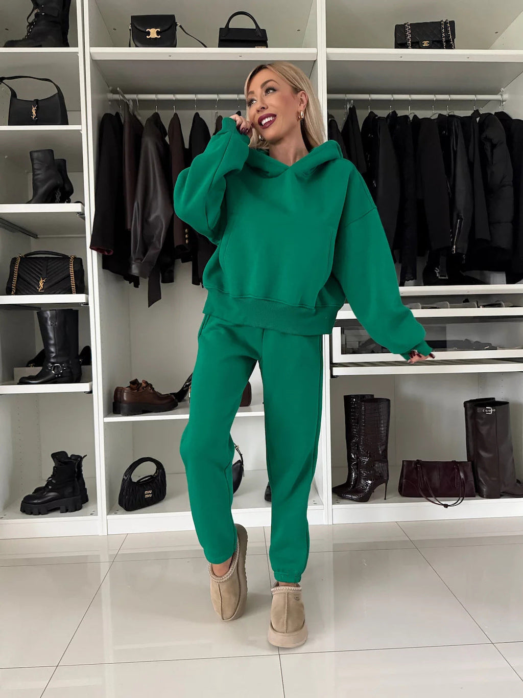 Damen lässiges Loungewear-Set mit Hoodie und Jogginghose aus weichem Fleece WW