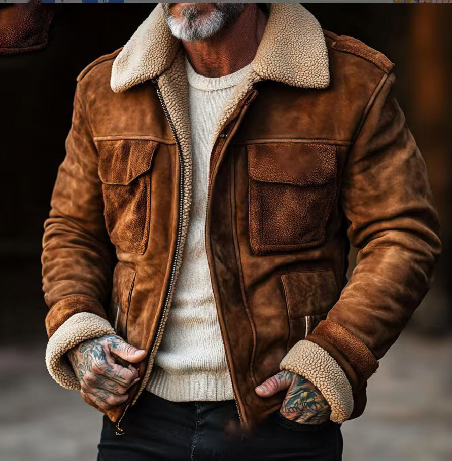 Herren Lederjacke im Vintage-Stil mit Kunstfellkragen und mehreren Taschen WW