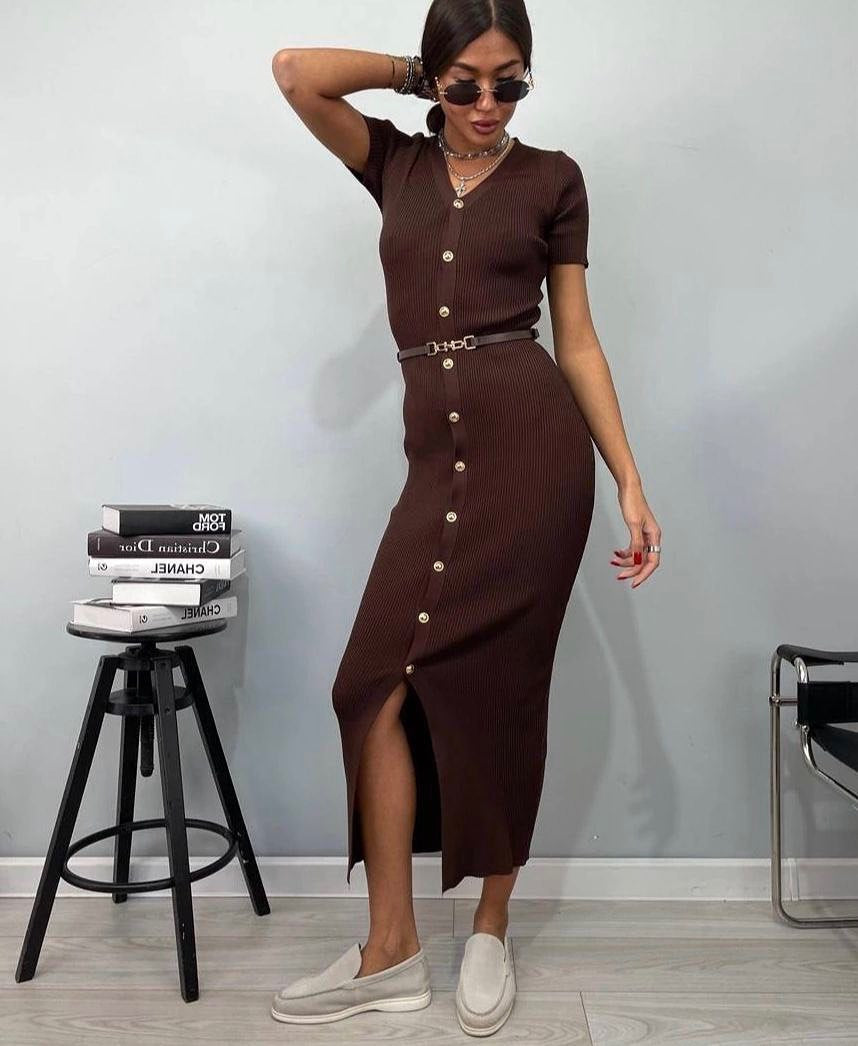 Damen Midi-Kleid mit strukturiertem Rippdesign und Knopfleiste WW