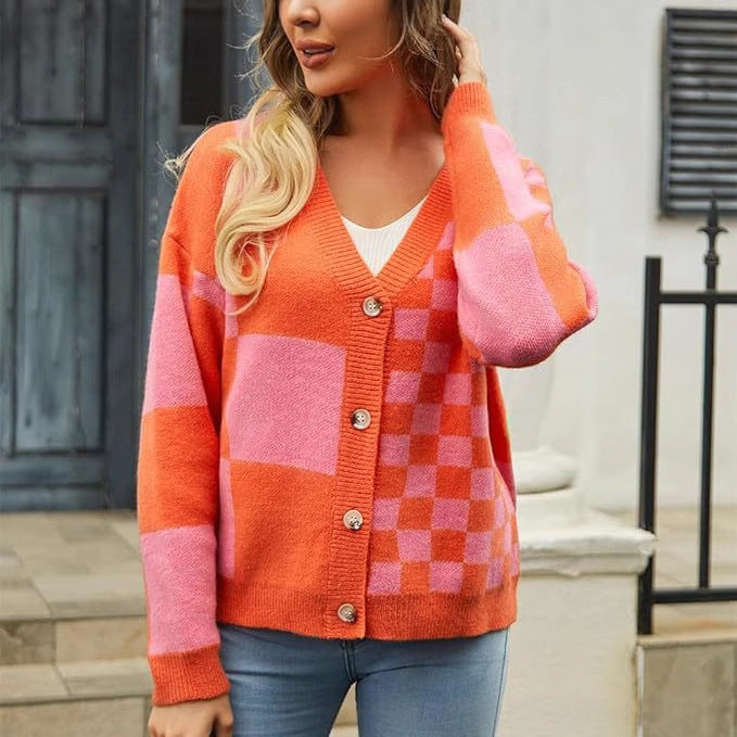 Damen modischer V-Ausschnitt Cardigan mit Karomuster WW