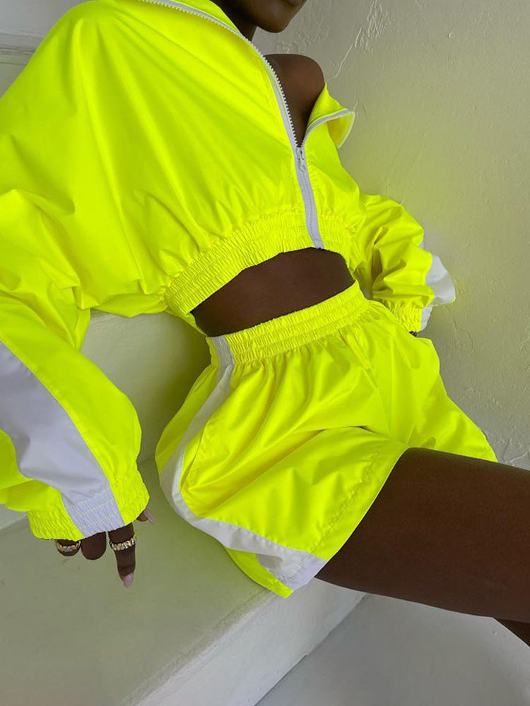 Damen sportliches Windbreaker-Set mit elastischem Bund und stylischen Kontraststreifen WW