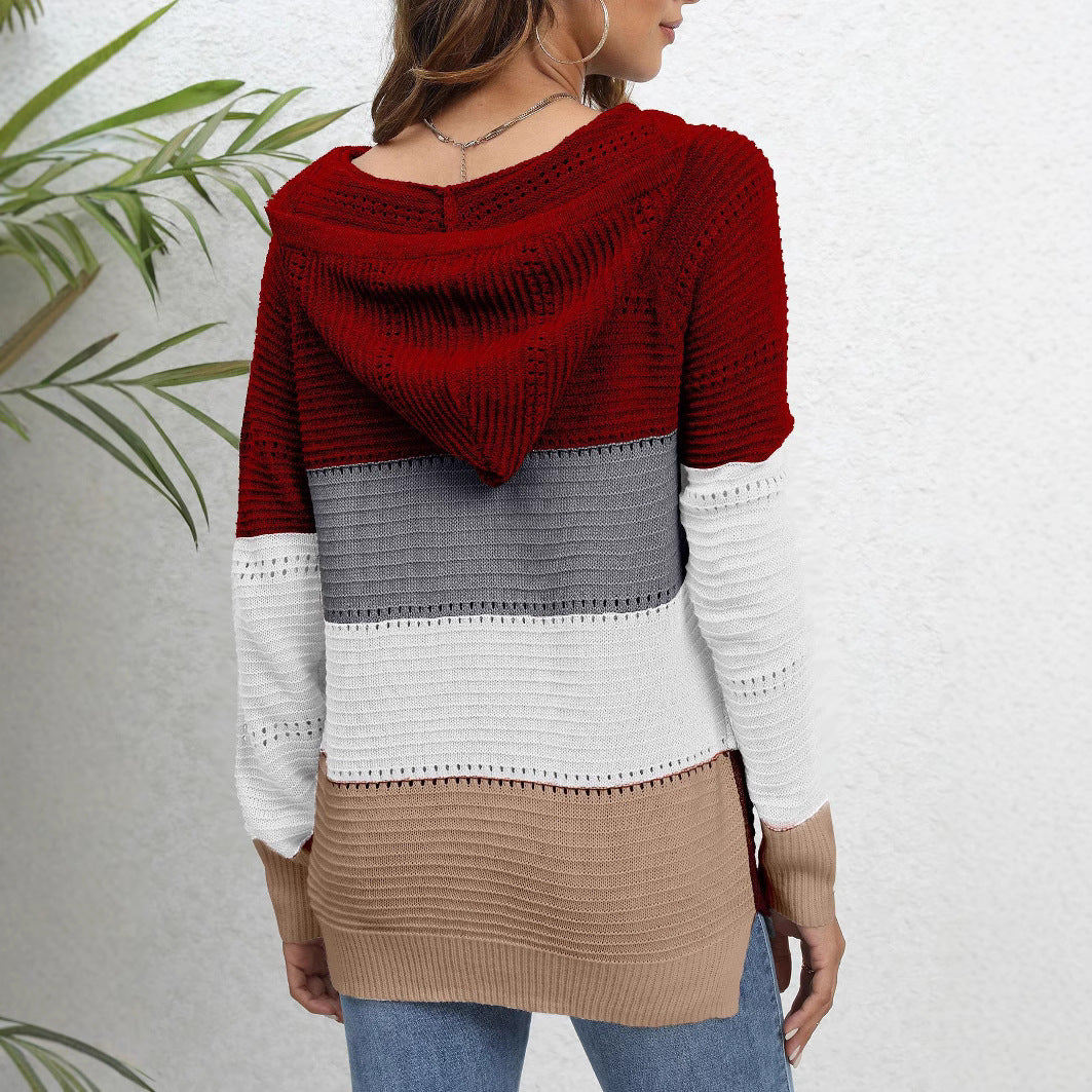 Damen Pullover mit lässigem Kapuzen-Design und einzigartigem Streifenmuster WW