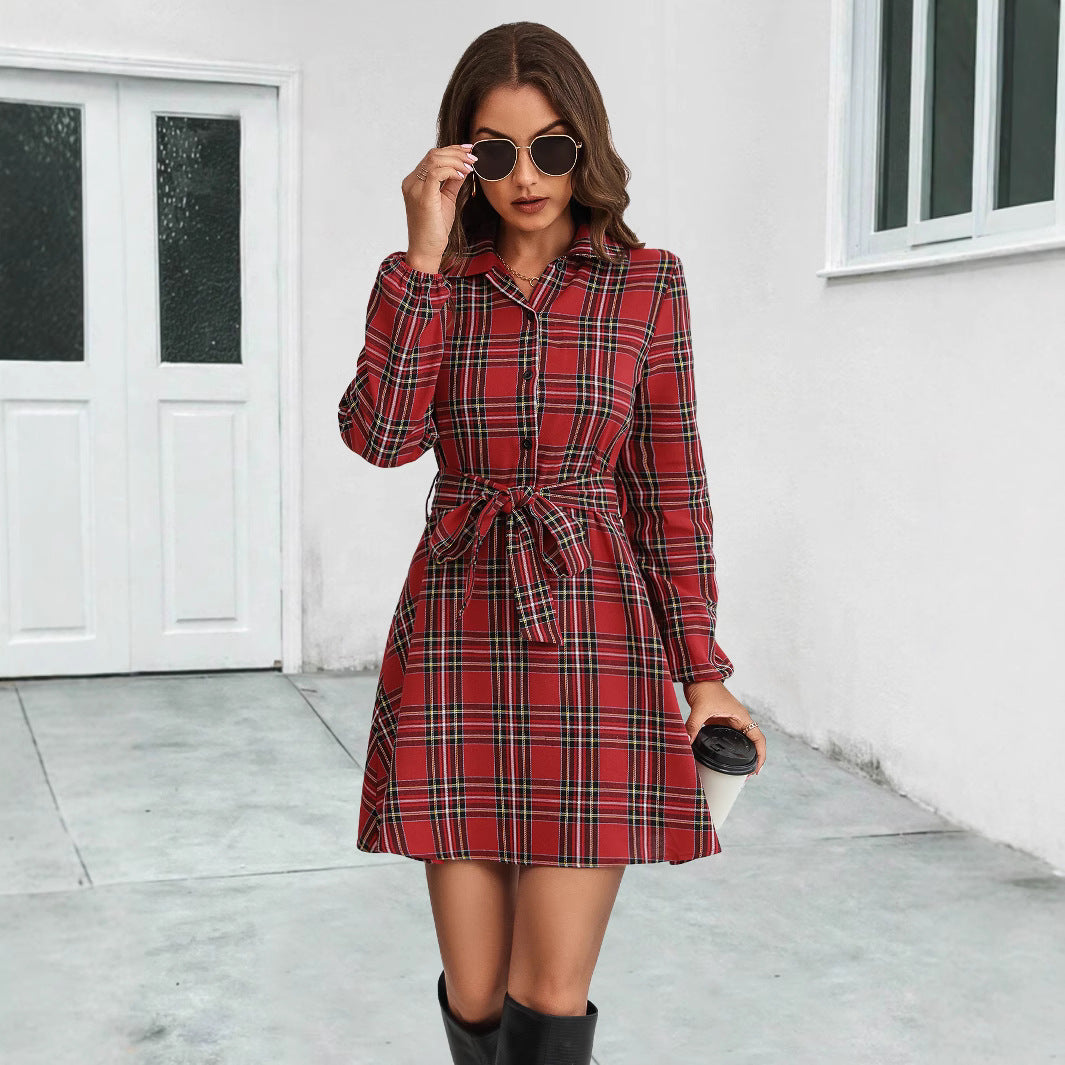 Damen Hemdblusenkleid mit karierter Musterung und taillierbarem Gürtel WW