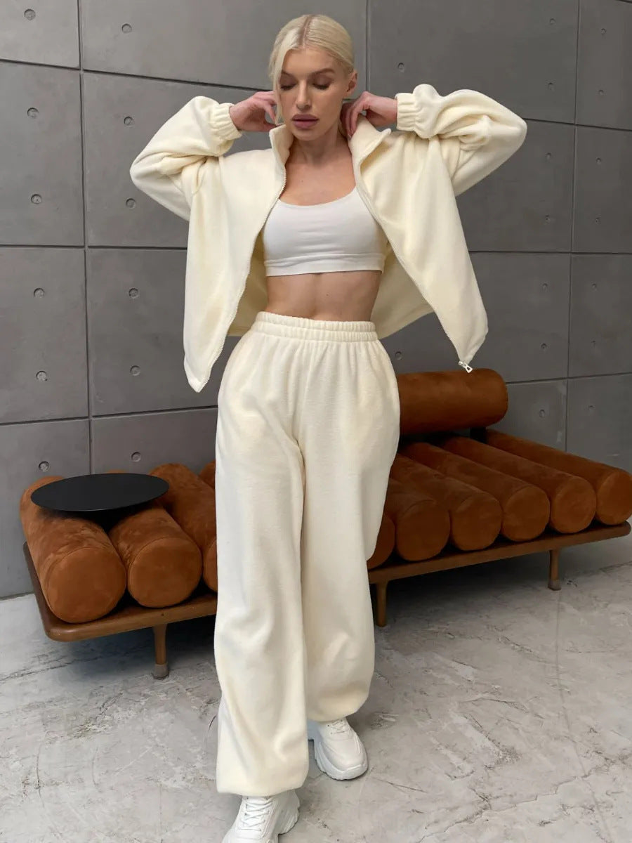 Damen sportliches Fleece-Jogginganzug mit hohem Kragen und hochwertigem Reißverschluss WW