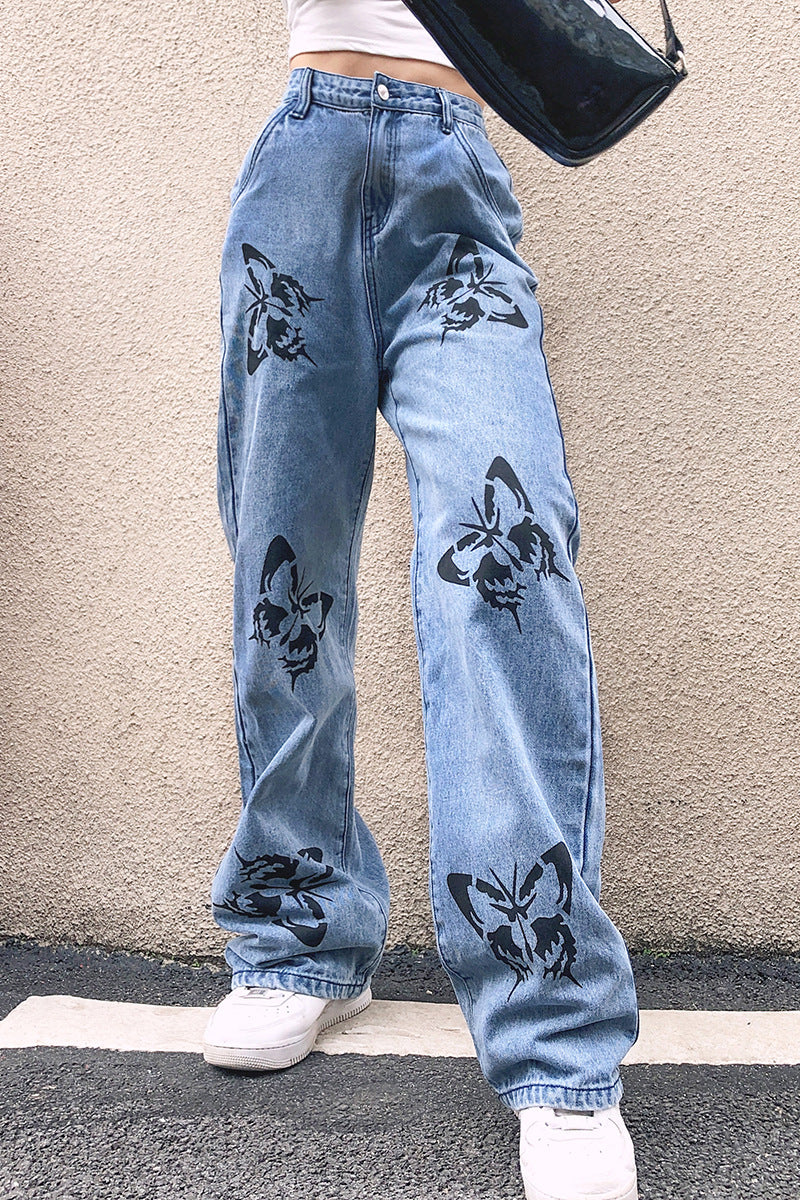 Damen weite High-Waist Jeans mit floralen Druckmotiven WW