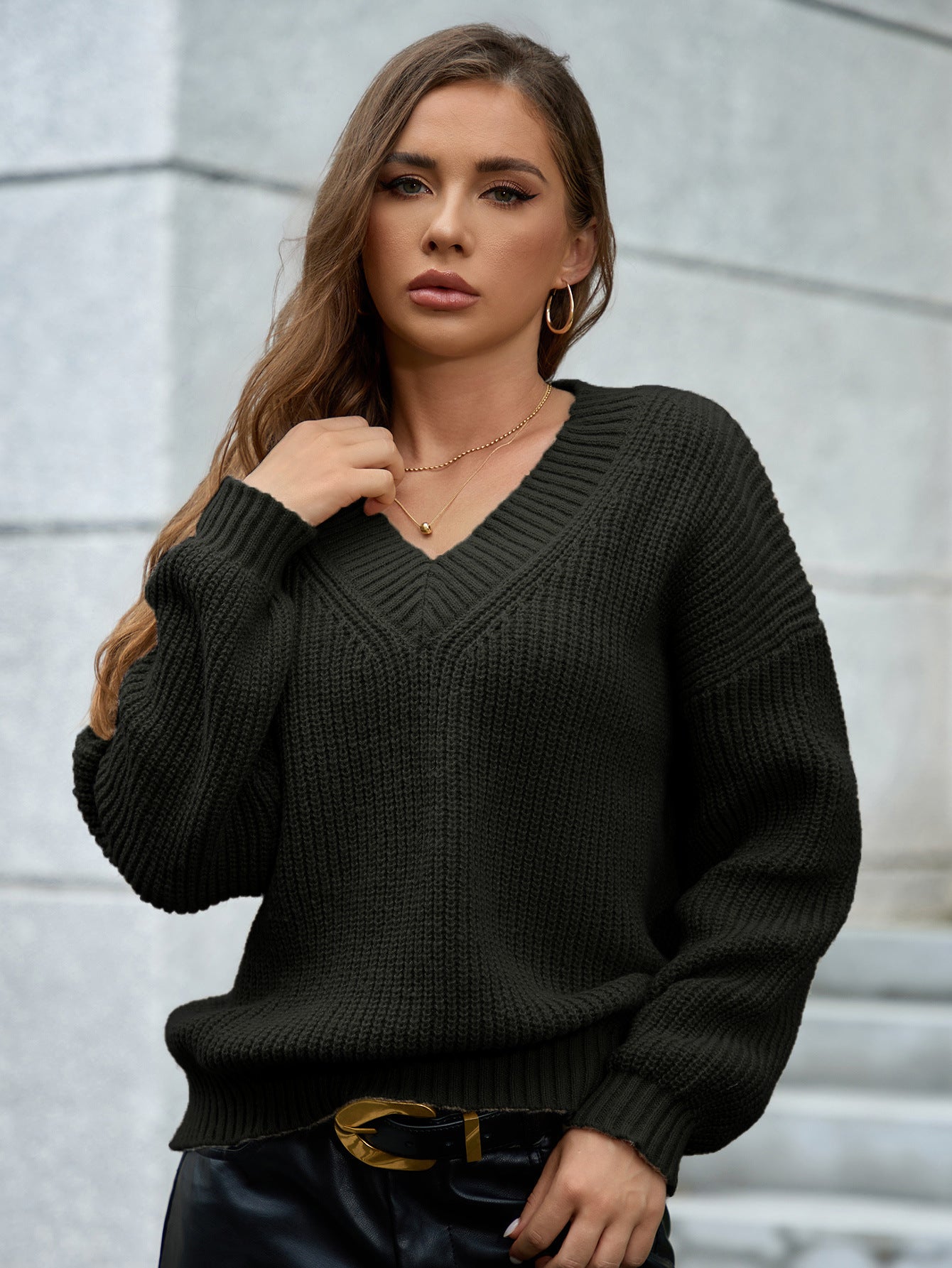 Damen gemütlicher V-Ausschnitt Strickpullover mit lockerem Schnitt und strukturiertem Muster WW