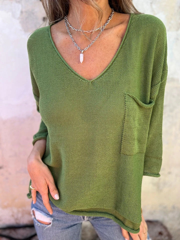 Damen lässiges Strickoberteil mit V-Ausschnitt und praktischer Tasche WW