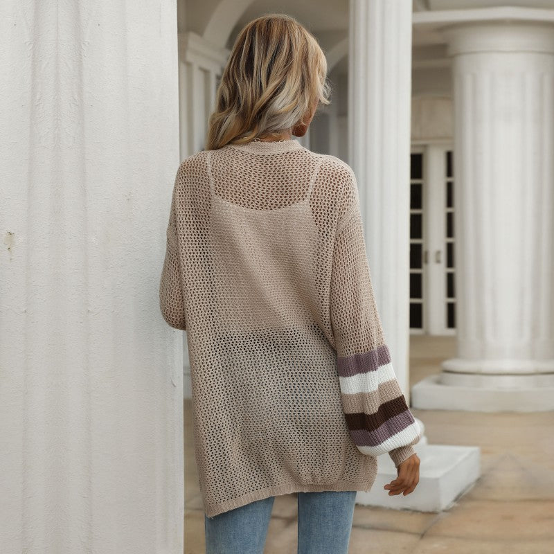 Damen lässiger Strickcardigan mit modischem Netzdesign und weitem Ärmel WW