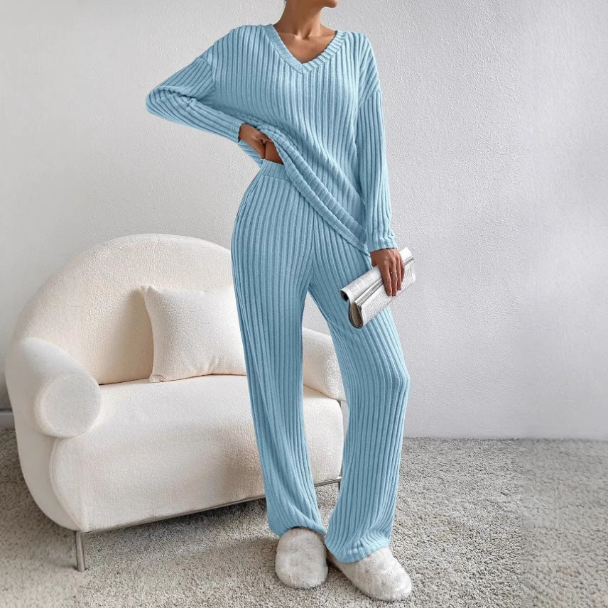 Damen lässiger Strickanzug mit V-Ausschnitt und praktischen Taschen WW