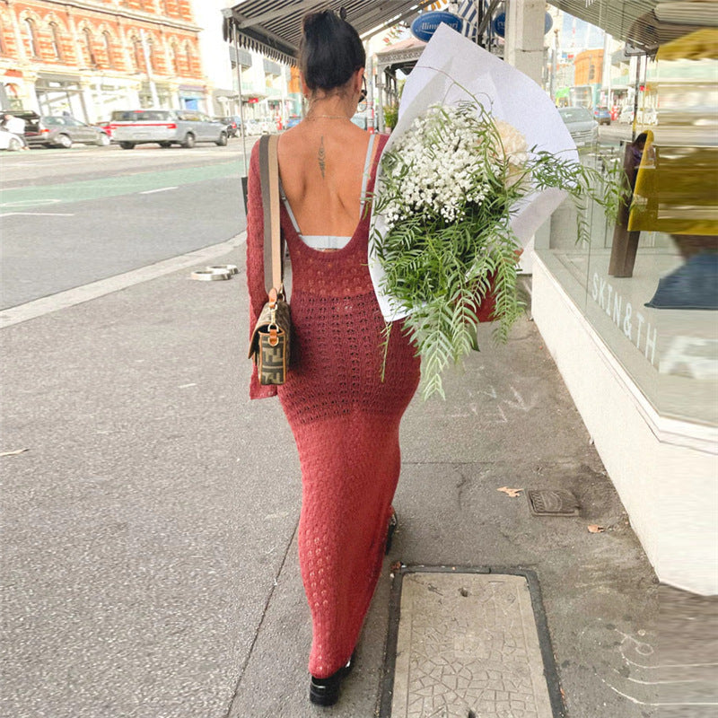 Damen Transparente Maxikleid mit strukturiertem Häkelmuster WW