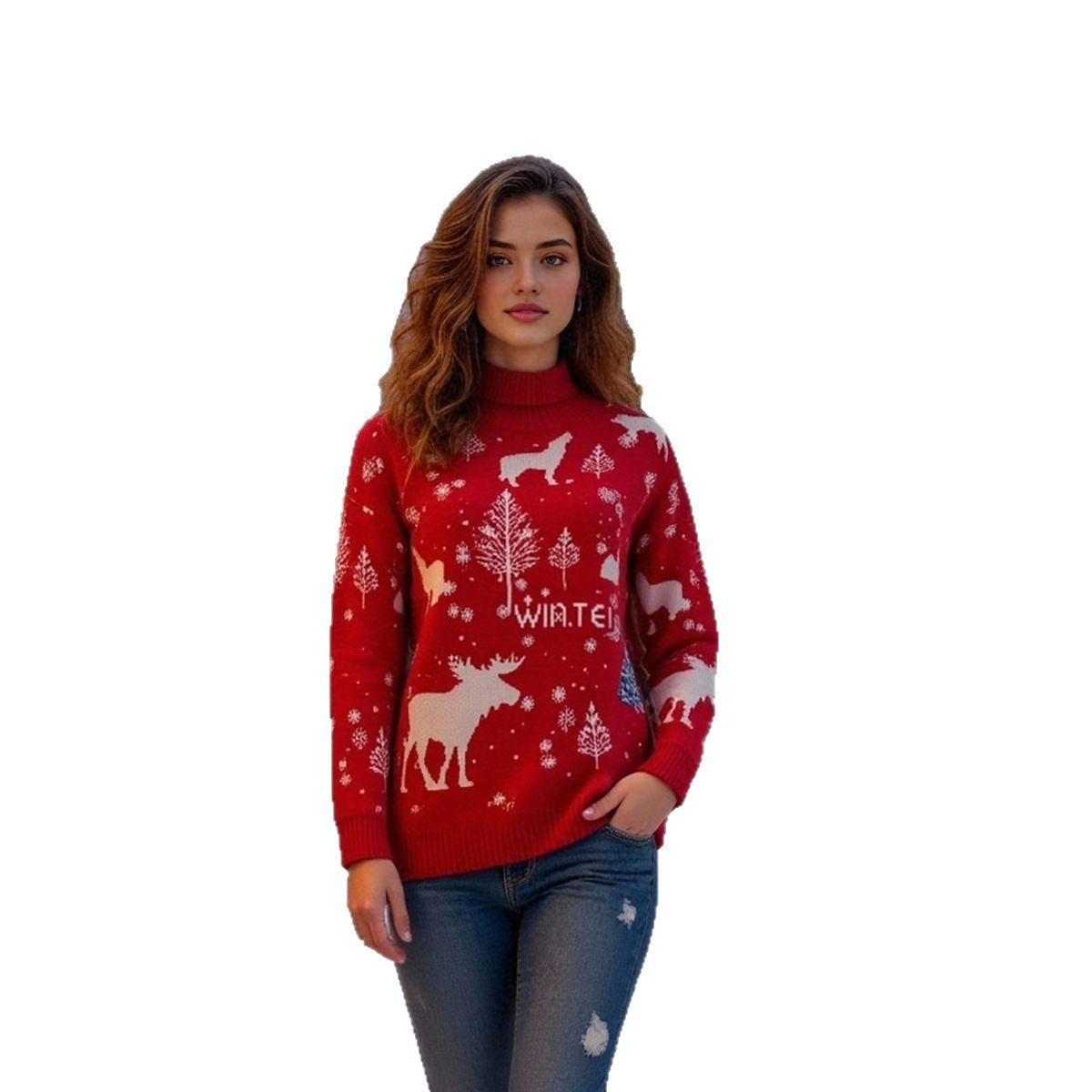 Damen winterlicher Weihnachts-Pullover mit festlichem Elch-Design und hochgeschlossenem Kragen WW