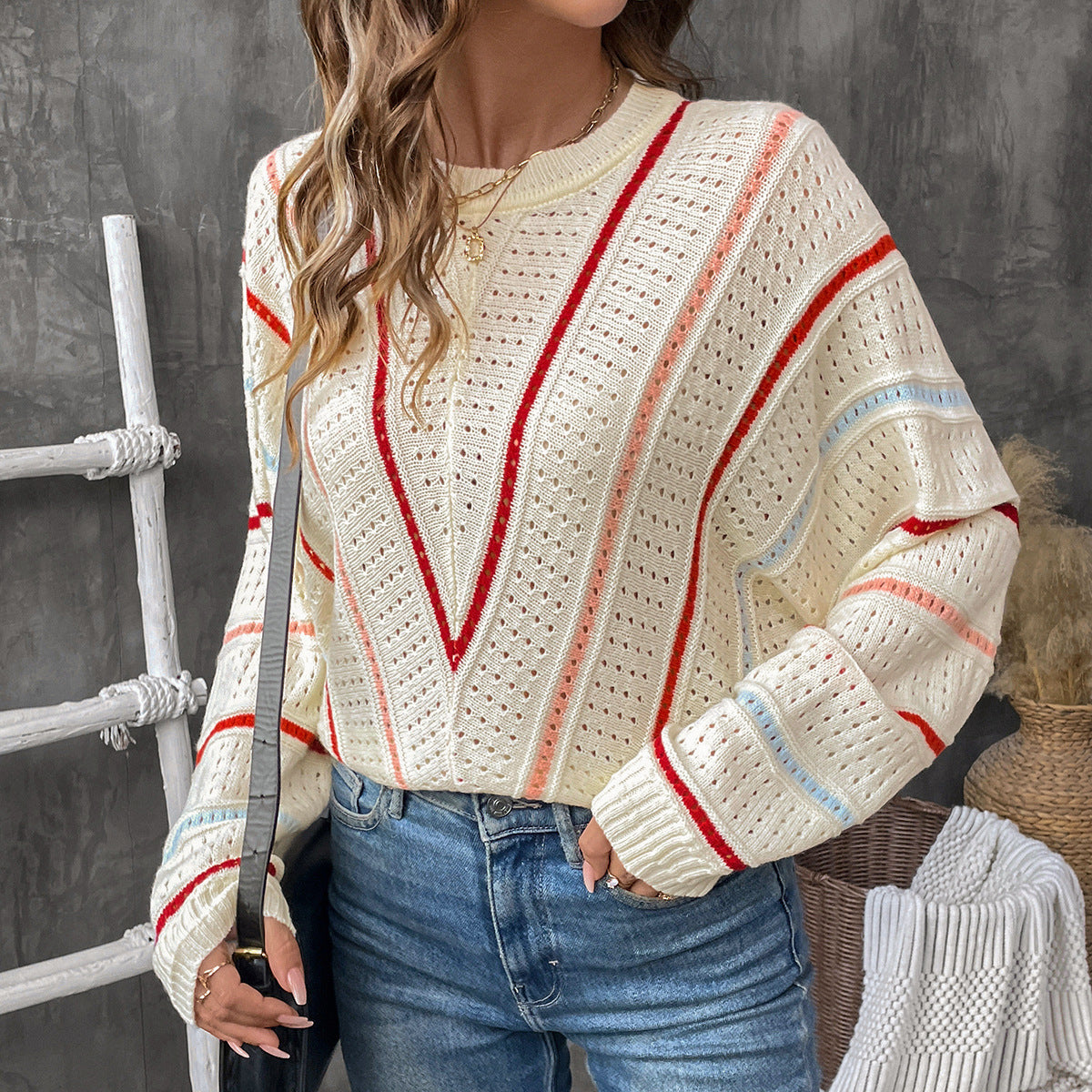 Damen lässiger Strickpullover mit modischem Lochmuster und gestreiftem Design WW