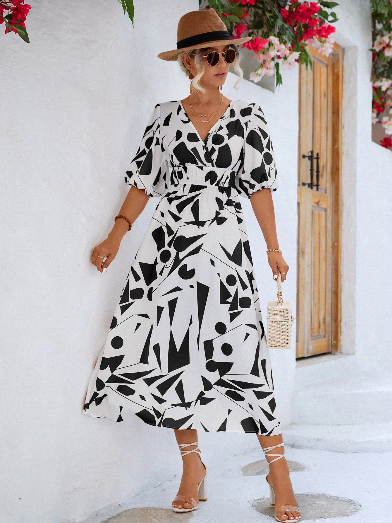 Damen Midi-Kleid mit grafischem Muster und elastischem Bund WW