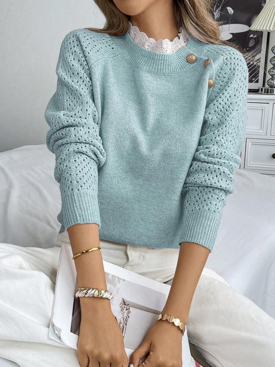 Damen Strickpullover mit dekorativen Knopfdetails und Lochmuster WW