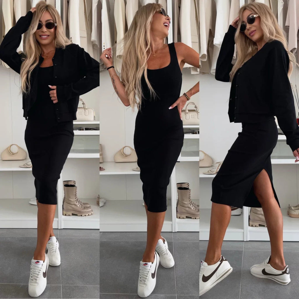 Damen elegantes Set aus figurbetontem Kleid und lässiger Jacke mit Druckknopf WW