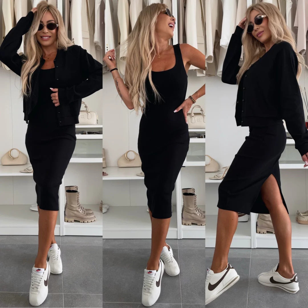 Damen elegantes Set aus figurbetontem Kleid und lässiger Jacke mit Druckknopf WW