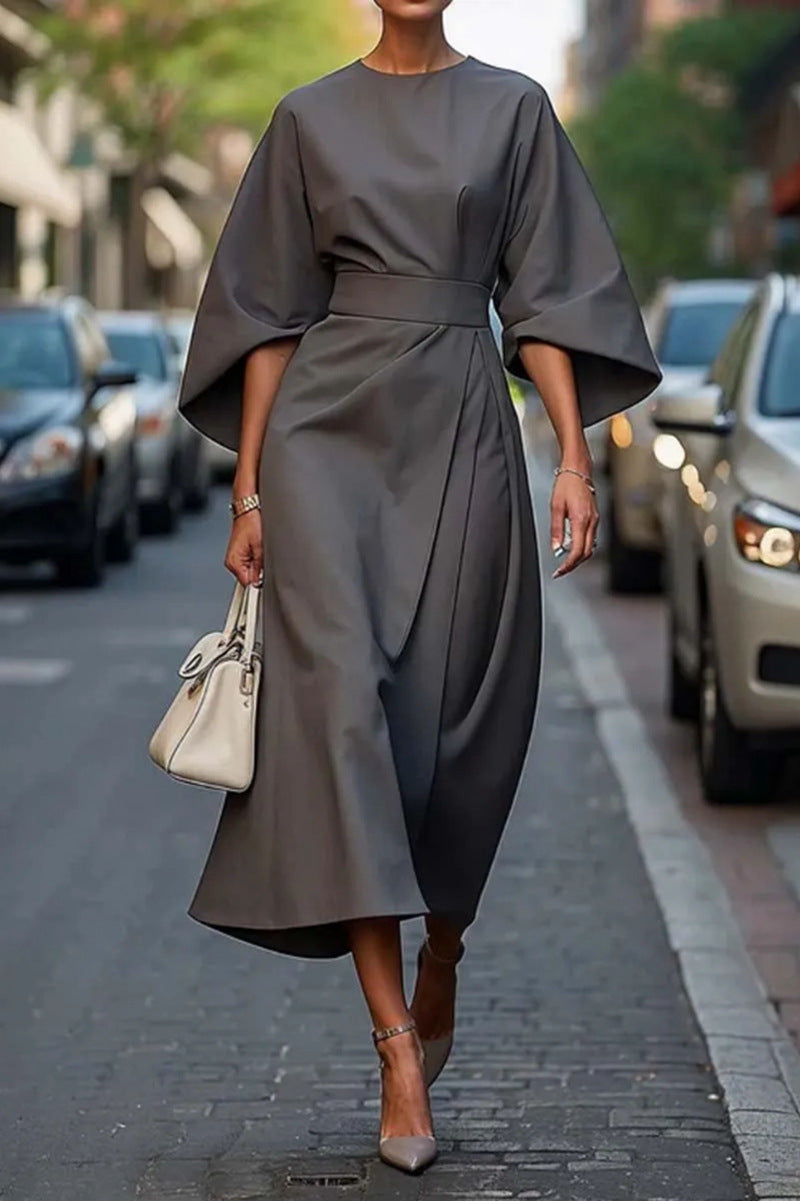 Damen modernes Maxikleid mit voluminösen Ärmeln und Taillengürtel WW