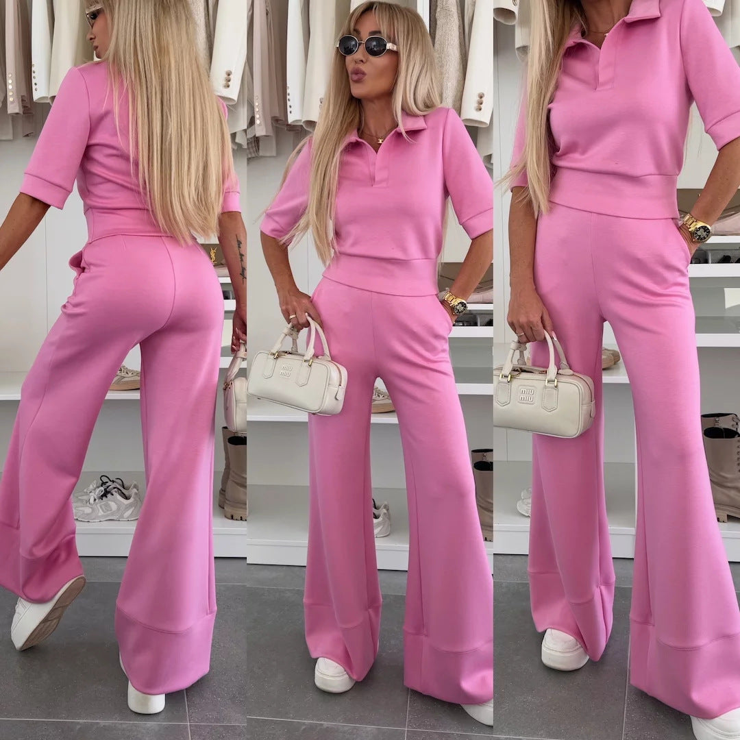 Damen sportliches Lounge-Set mit modernem Polo-Kragen und weit geschnittenen Hosen WW