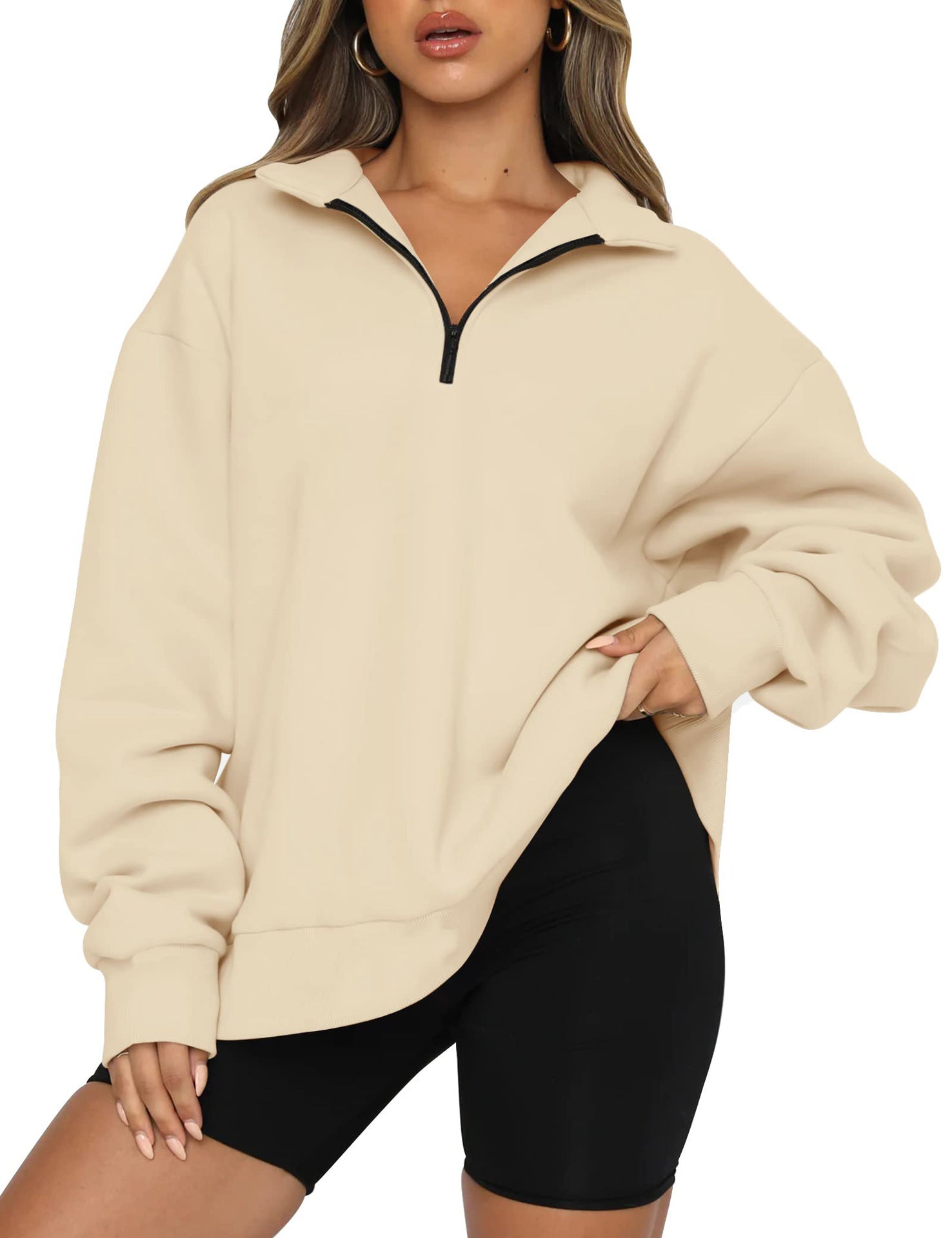 Damen Sportlicher Oversized Pullover mit Reißverschluss und seitlichem Schlitz WW