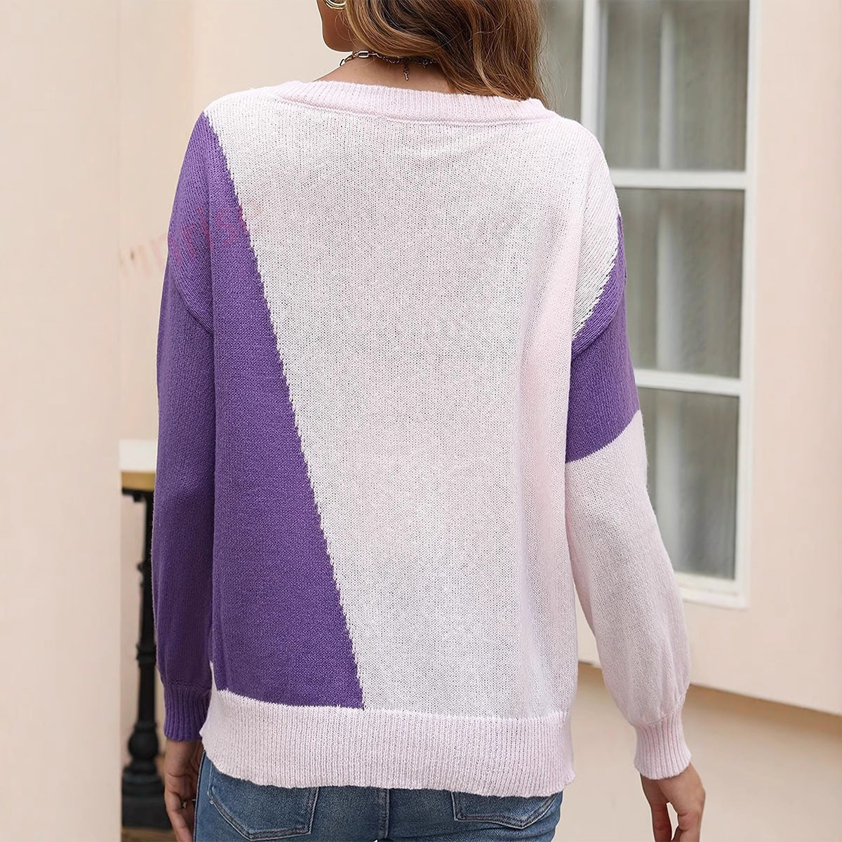 Damen modischer Pullover mit geometrischem Design und Rippstruktur WW