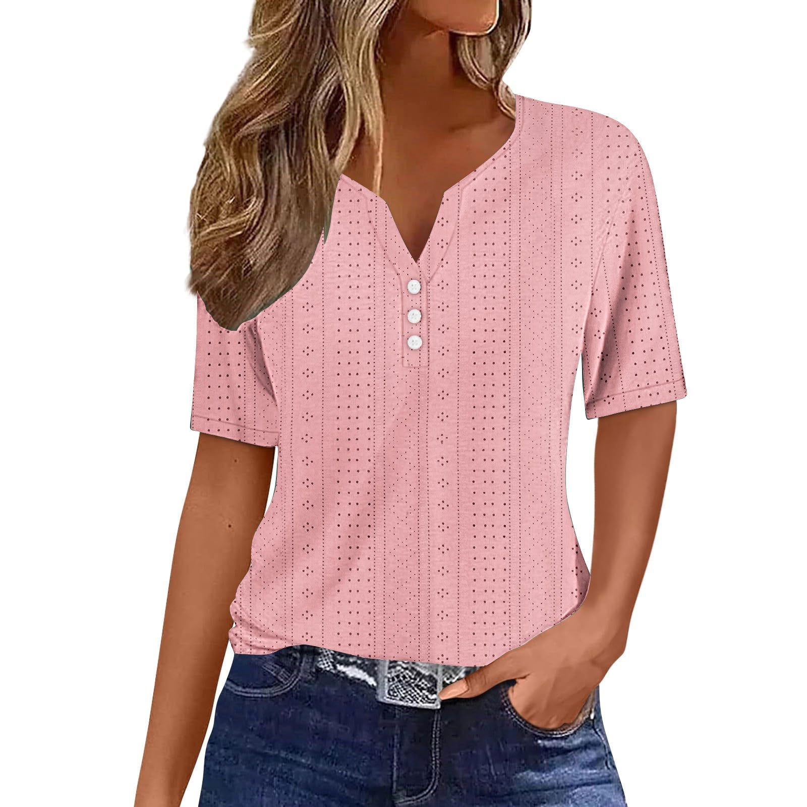 Damen Kurzarmshirt mit modischer Knopfleiste und Struktur WW