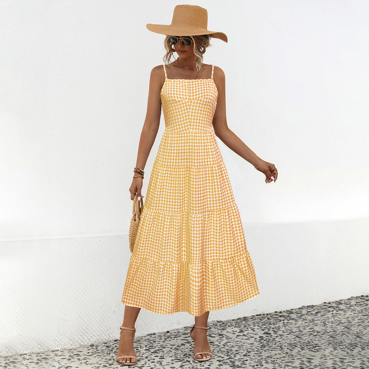 Damen Maxikleid mit kariertem Design und luftigen Rüschen WW