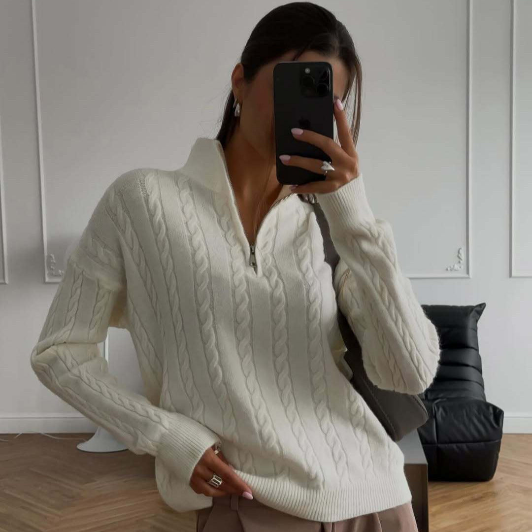 Damen Strickpullover mit modernem Zipper und Rippstrickdetails WW