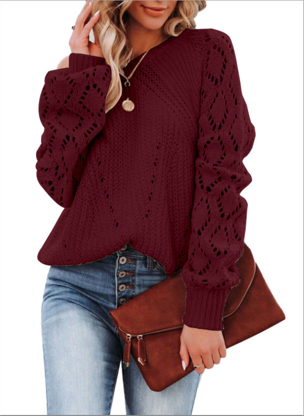 Damen Strickpullover mit raffiniertem Lochmuster und voluminösen Ärmeln WW
