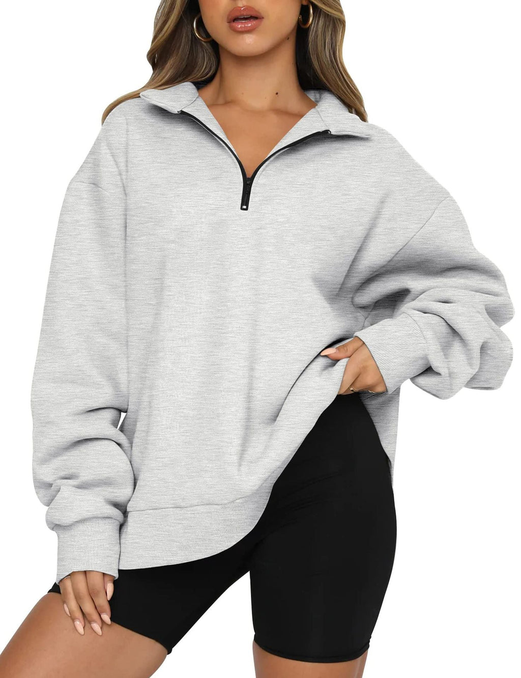 Damen Sportlicher Oversized Pullover mit Reißverschluss und seitlichem Schlitz WW
