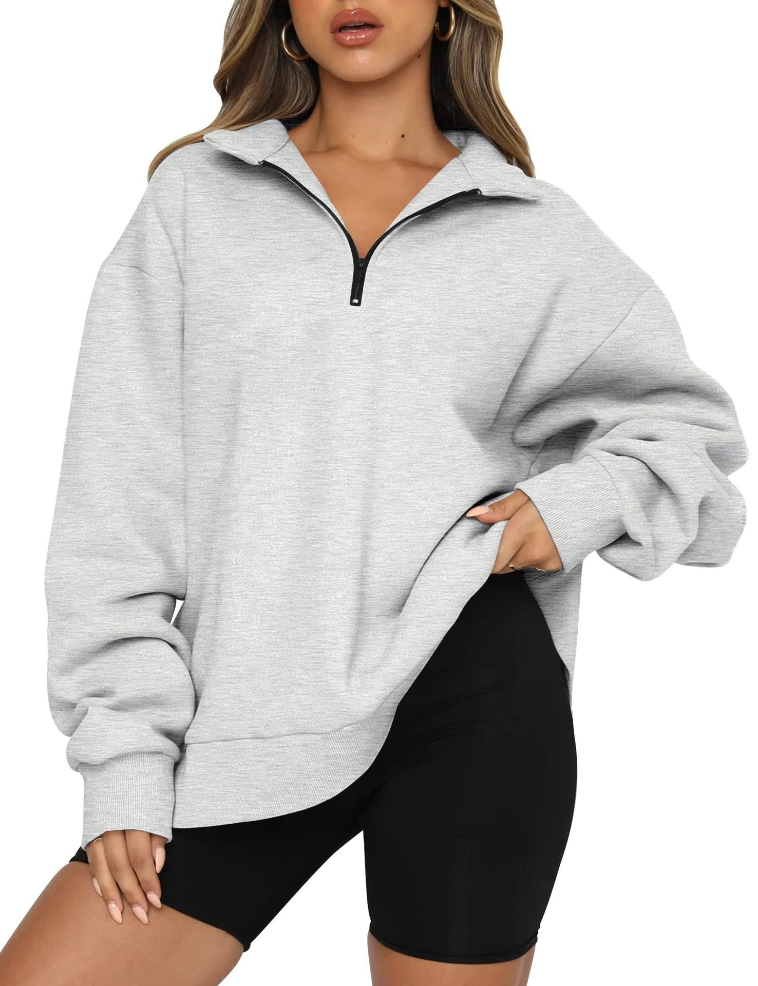 Damen Sportlicher Oversized Pullover mit Reißverschluss und seitlichem Schlitz WW