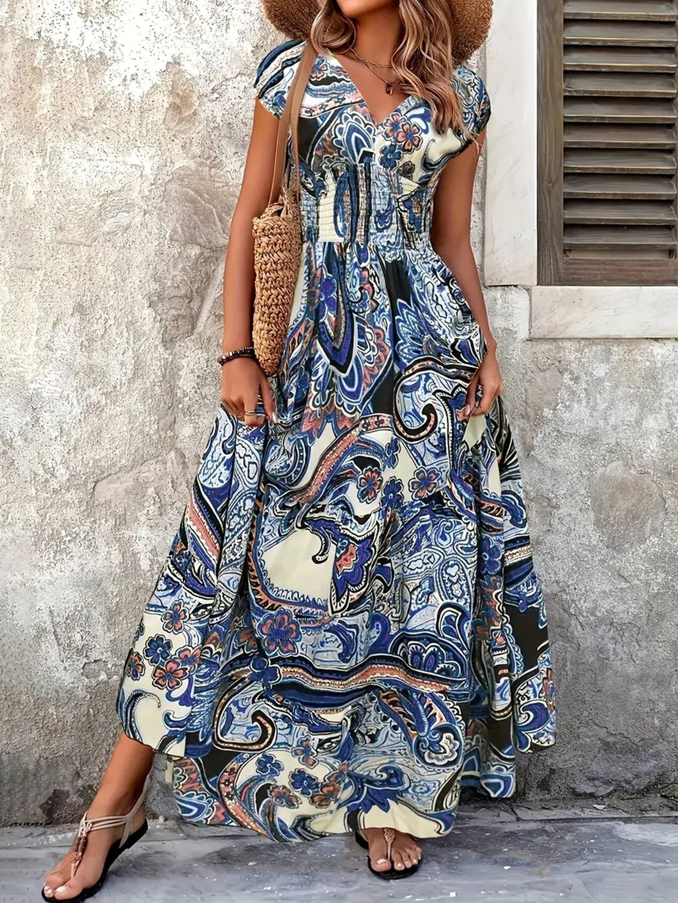Damen Maxikleid mit verspieltem Paisleymuster und elastischem Bund WW