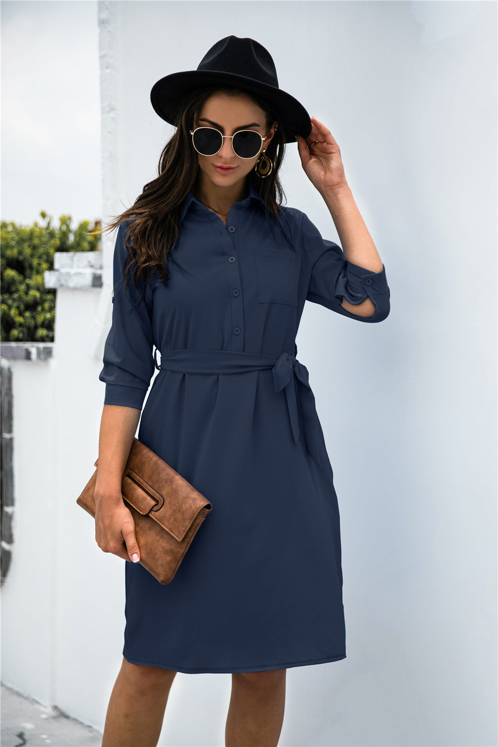 Damen Hemdblusenkleid mit taillierbarem Gürtel und durchgehendem Knopfverschluss WW
