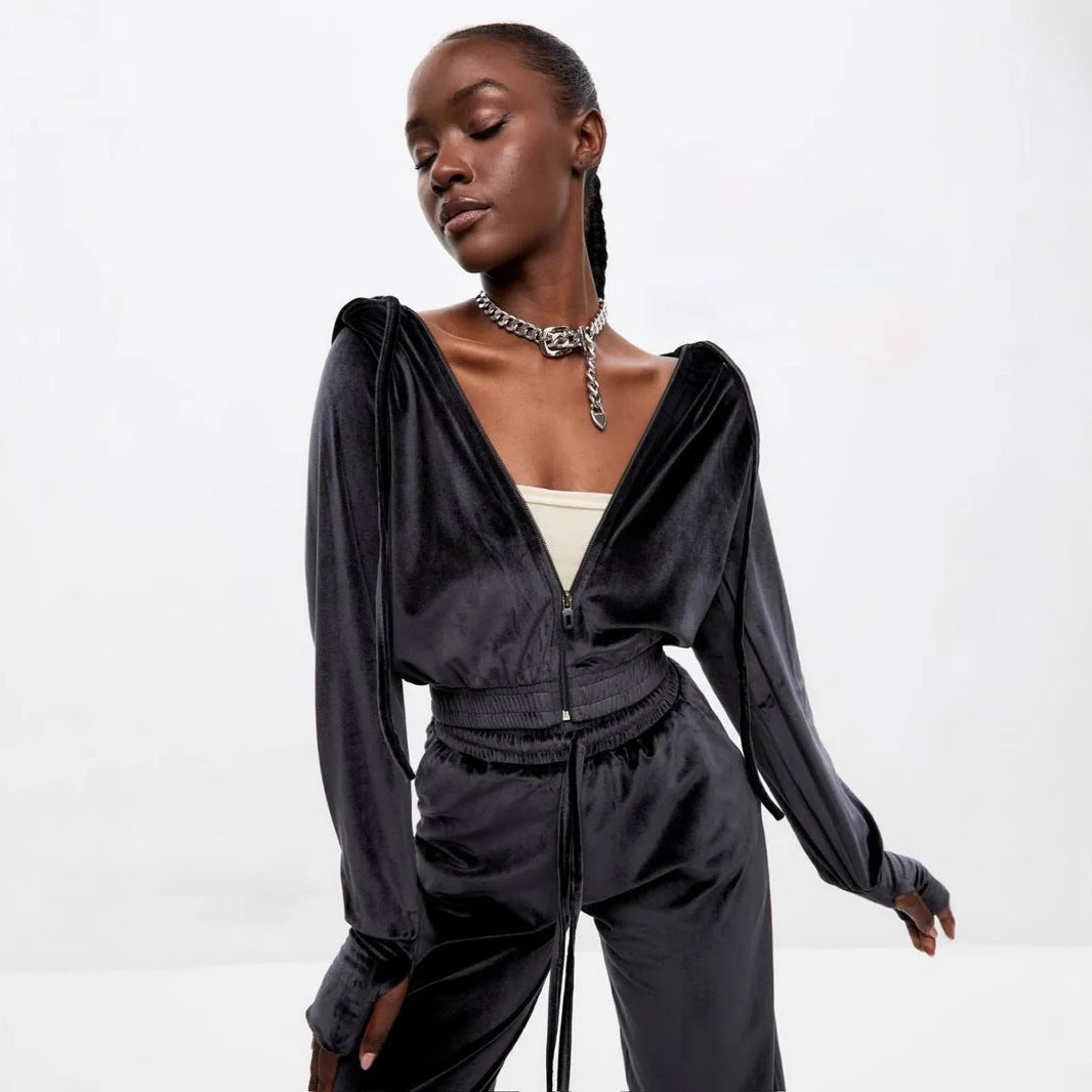 Damen Fleece-Sportanzug mit cropped Jacke und lässiger Hose WW