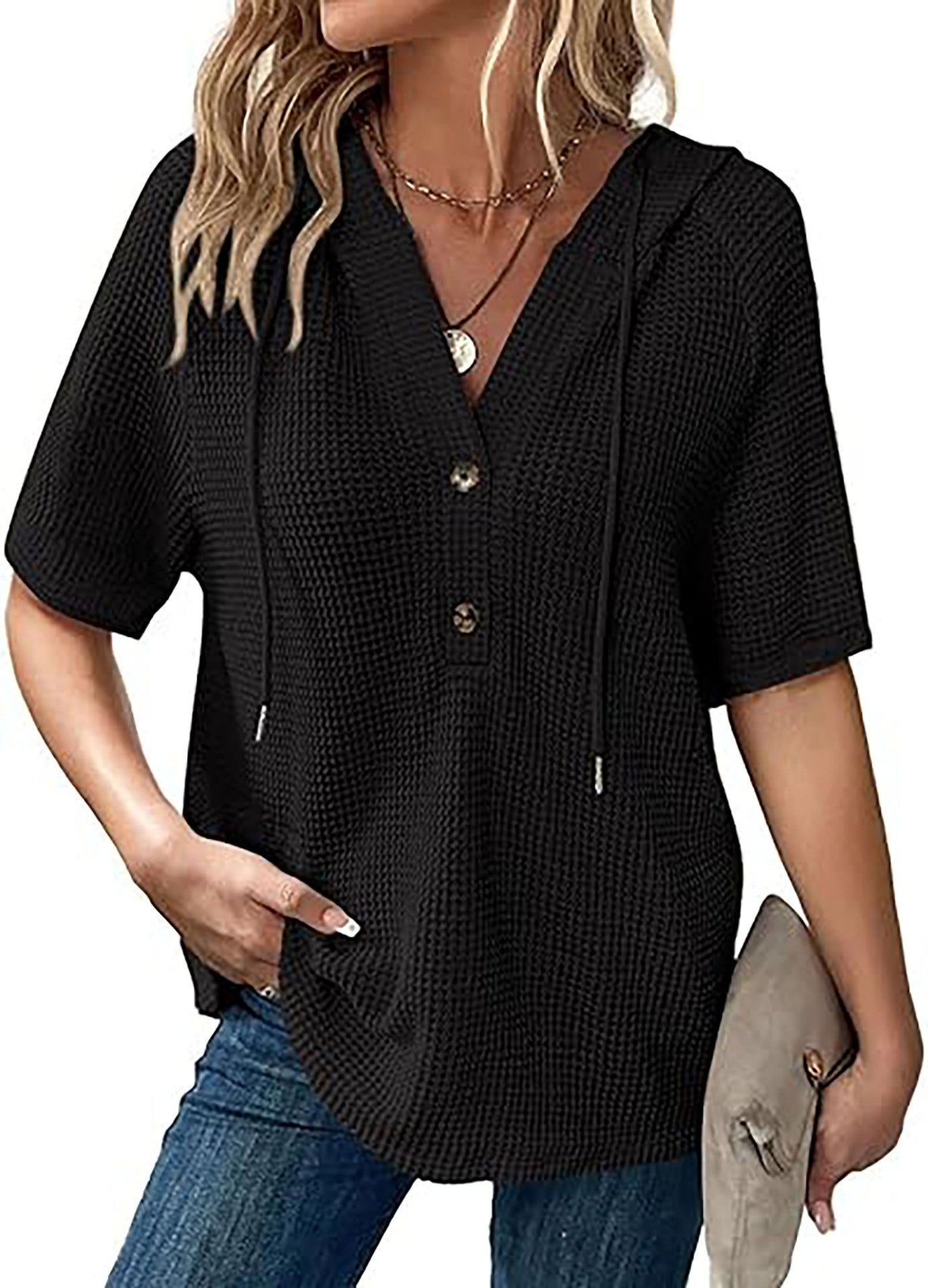 Frauen Freizeit Waffelstrick Pullover Top WW