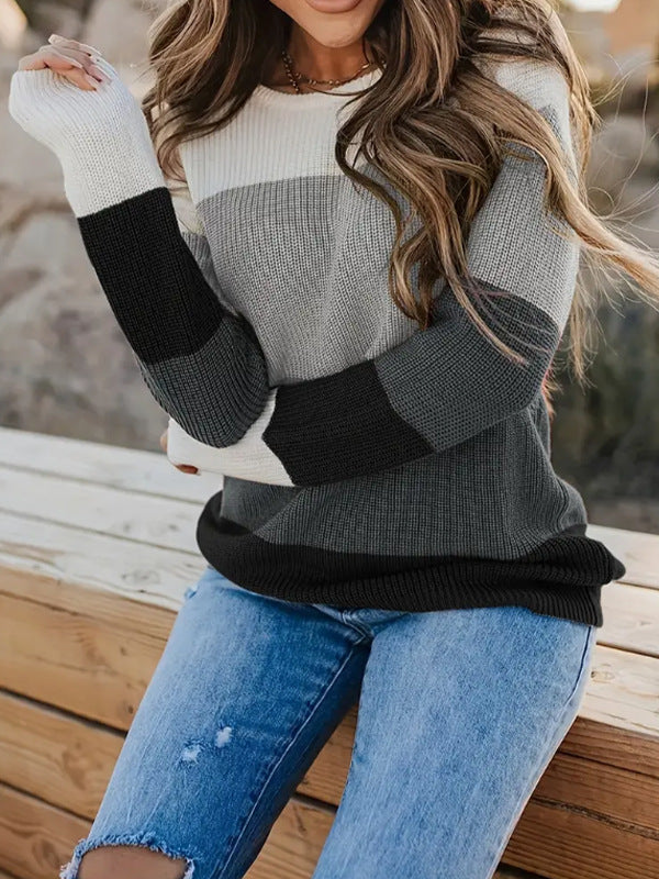 Damen modischer Strickpullover mit modernem Streifen-Design und langen Ärmeln WW