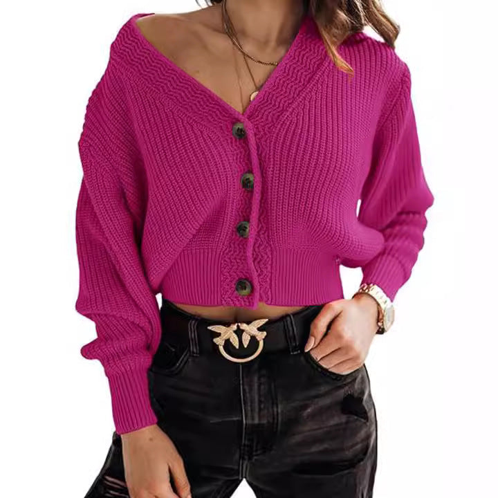 Damen modischer Grobstrick-Pullover mit Knopfleiste und tiefem V-Ausschnitt WW