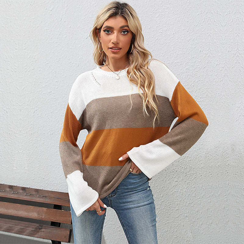 Damen lässiges Strickoberteil mit modischem Blockstreifen-Winterdesign WW