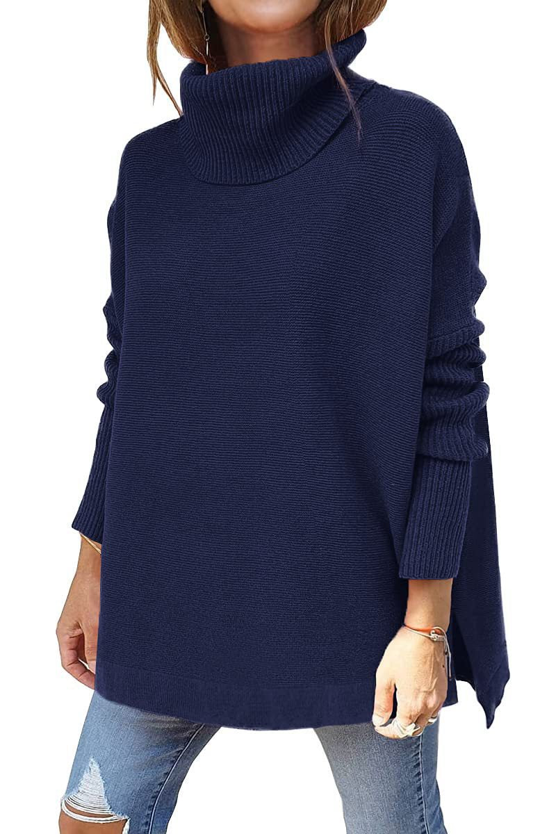 Damen Strickpullover mit hohem Kragen und seitlichen Schlitzen WW