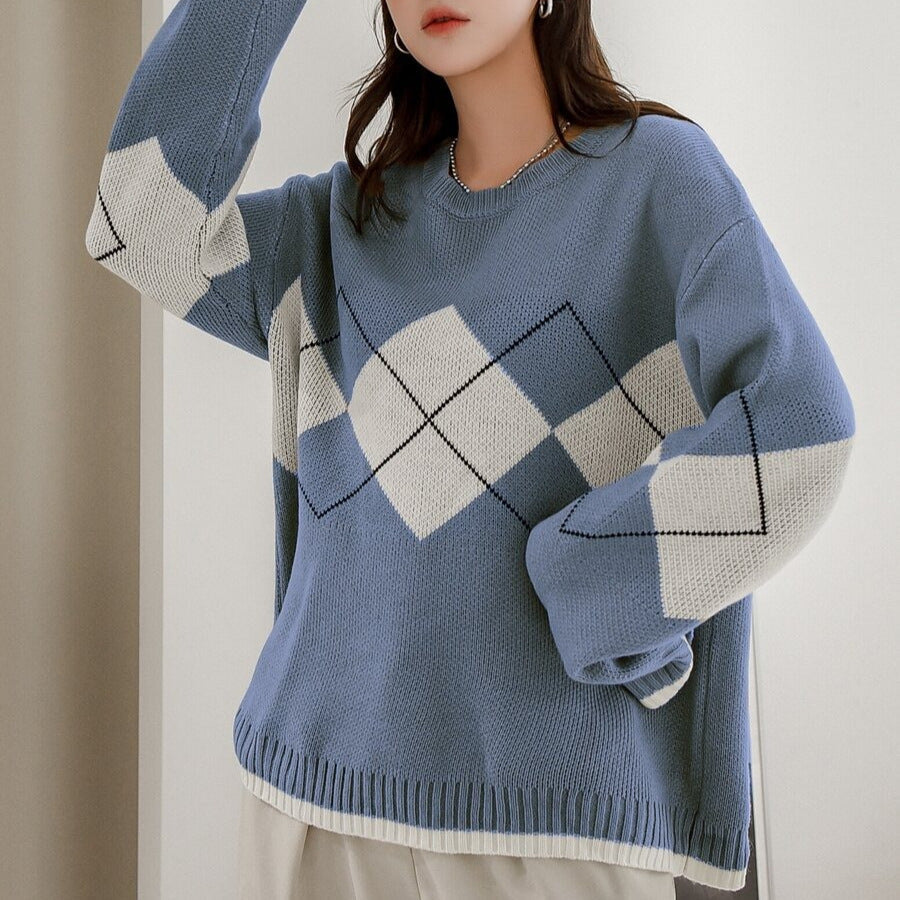 Damen stilvoller Pullover mit modernem Rautenmuster und verspielten Rüschendetails WW