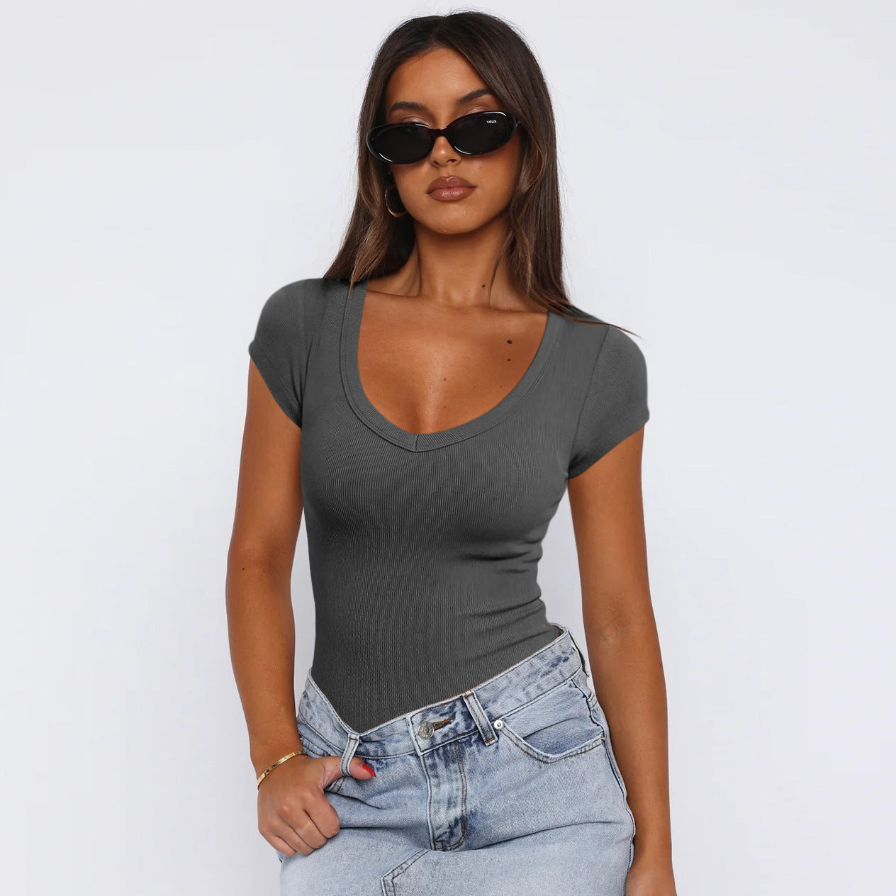 Damen Ripp-Optik V-Ausschnitt Body WW