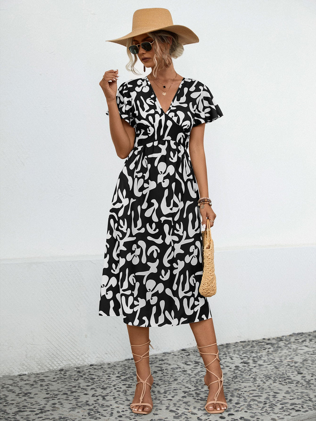 Damen Midi-Kleid mit V-Ausschnitt und fließenden Rüschendetails WW