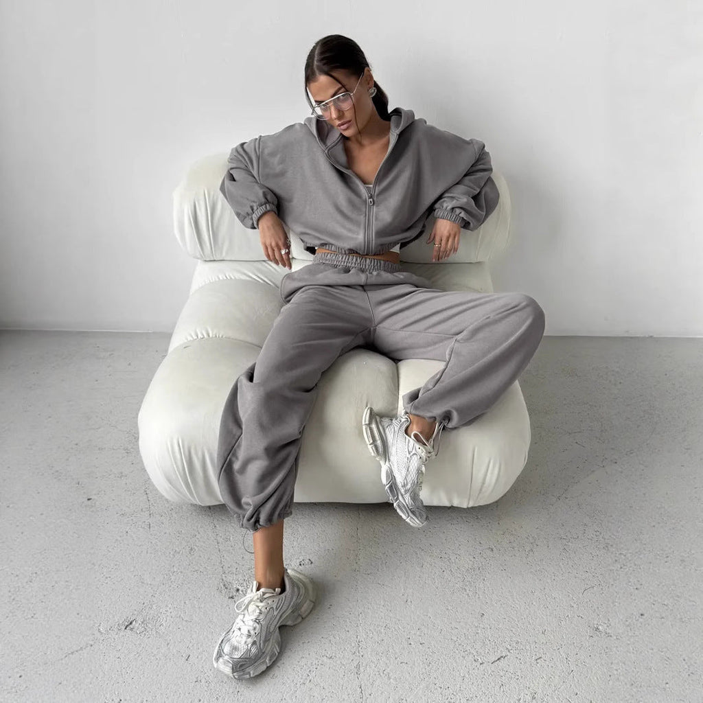 Damen lässiges Sweater-Set aus cropped Hoodie und bequemer Hose mit elastischem Bund WW