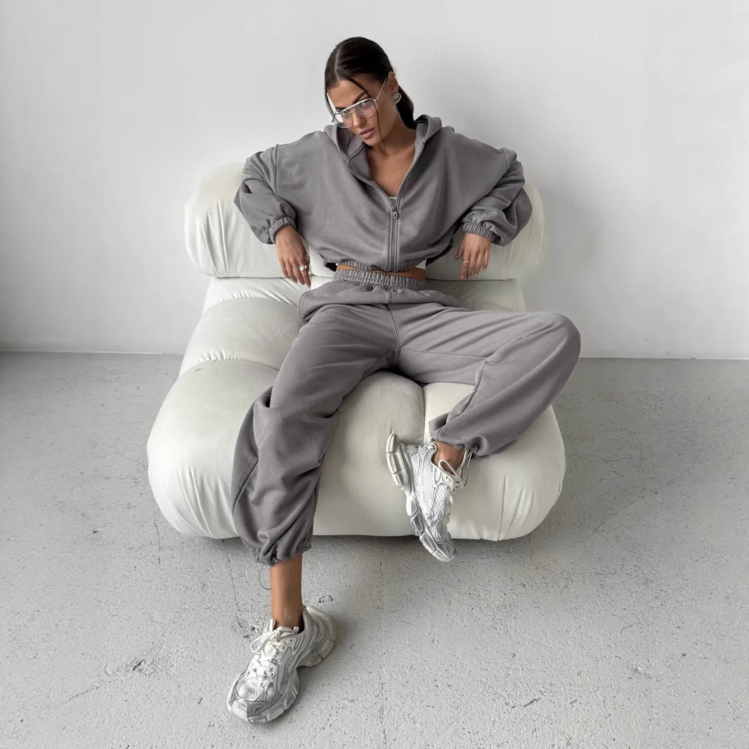 Damen lässiges Sweater-Set aus cropped Hoodie und bequemer Hose mit elastischem Bund WW