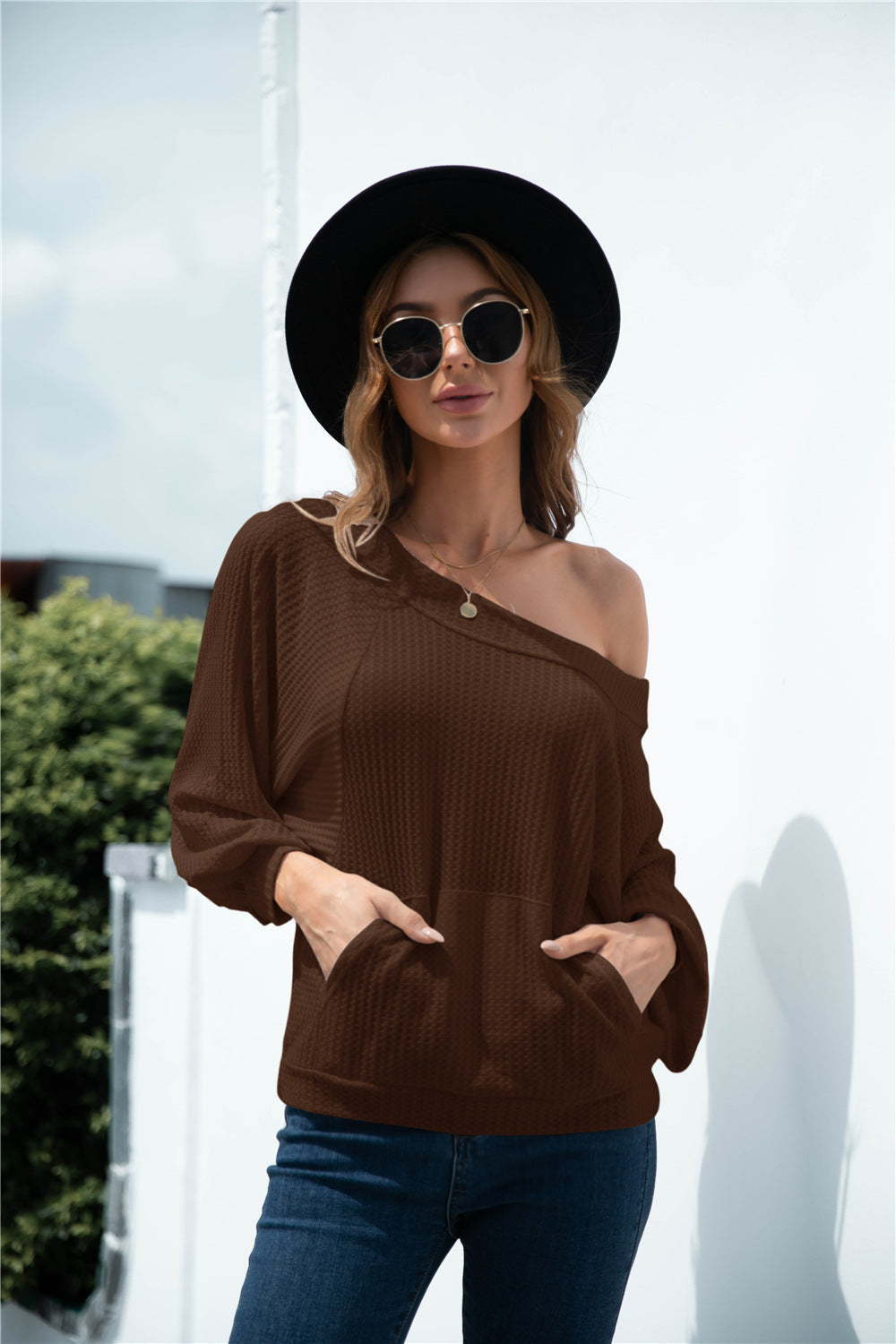 Damen lässiger Pullover mit asymmetrischem Ausschnitt und praktischer Kängurutasche WW